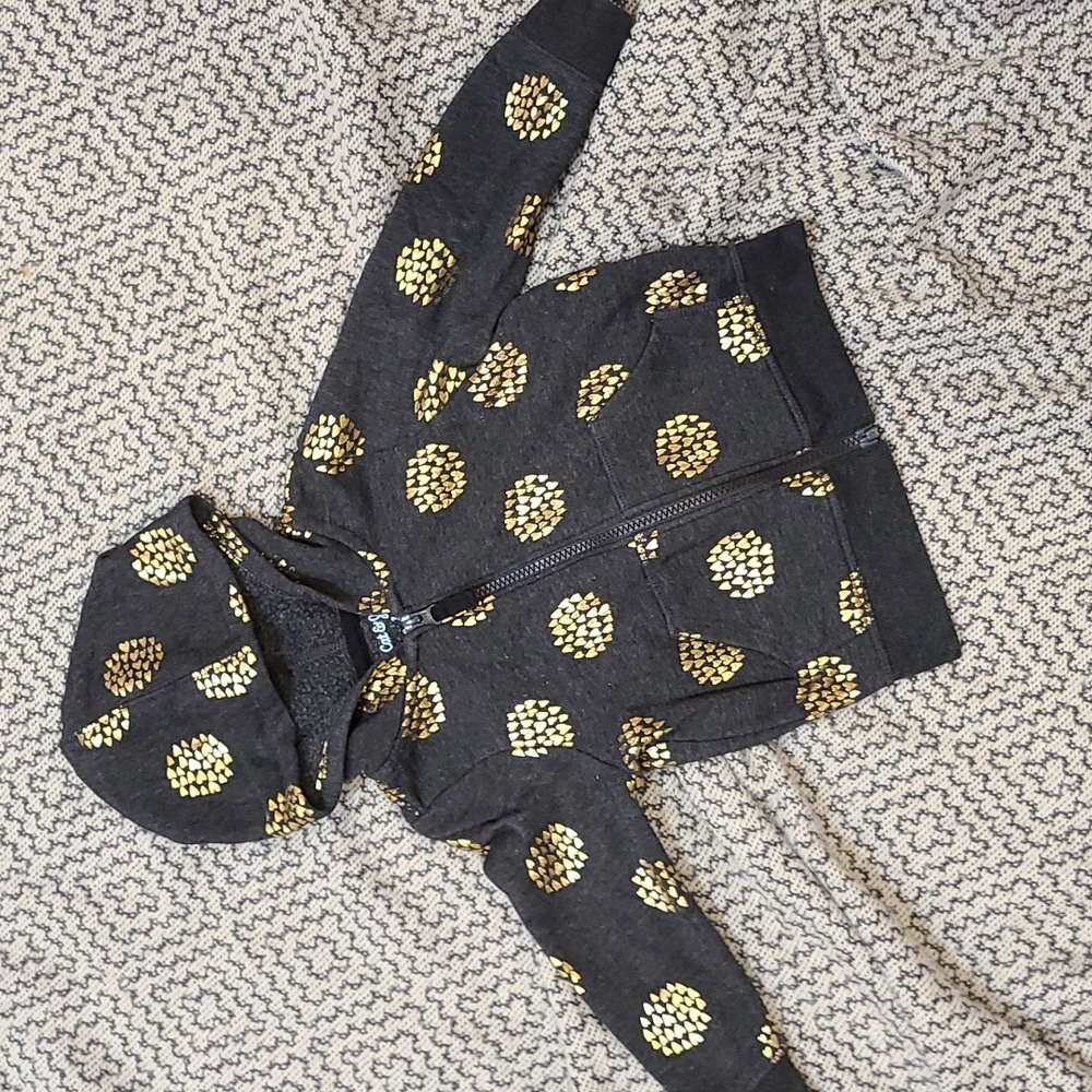 Deep Grey Girl Zip Hoodie with Bundles of Gold Foil Hearts Size 2T